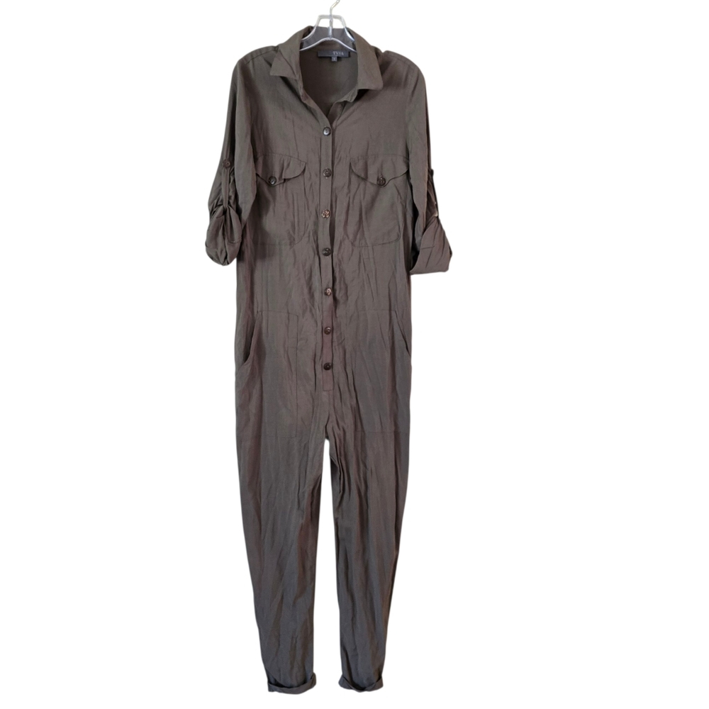 Tysa designs‎ short sleeved button up jumpsuit gray green size 1
